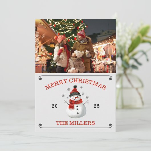 Schattigee Sneeuwman Foto Kerst Kaart (Staand voorkant)