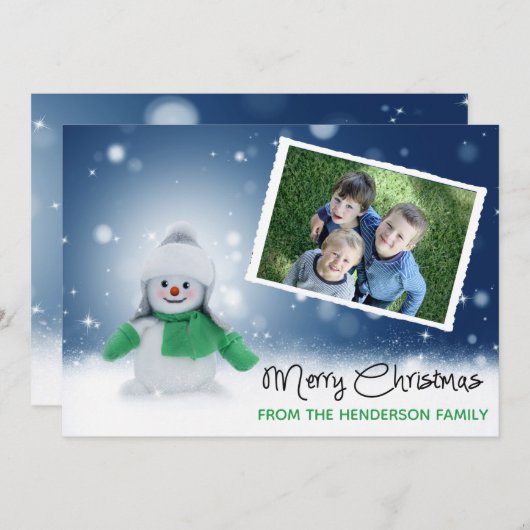 Schattigee sneeuwman fotokaart Vrolijk kerstfeest Feestdagenkaart (Voorkant / Achterkant)