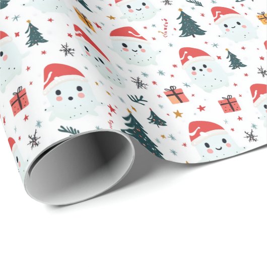 Schattigee Sneeuwman I Kerstboom Wit Cadeaupapier (Rol Hoek)