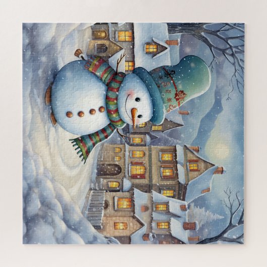 Schattigee sneeuwman in het dorp legpuzzel (Horizontaal)