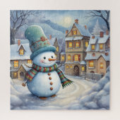 Schattigee sneeuwman in het dorp legpuzzel (Verticaal)