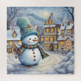 Schattigee sneeuwman in het dorp legpuzzel
