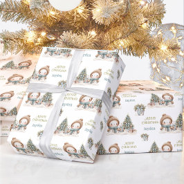 Schattigee Sneeuwman Kerst Blauw Naam Tekst Cadeaupapier