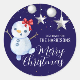 Schattigee sneeuwman kerstballen marineblauw ronde sticker