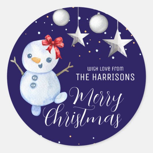 Schattigee sneeuwman kerstballen marineblauw ronde sticker (Voorkant)