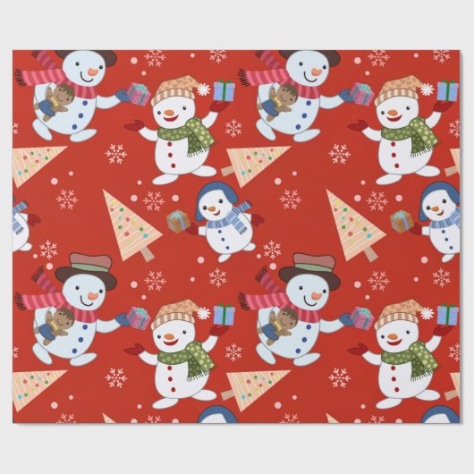 Schattigee Sneeuwman Kerstboom Gift Pattern Cadeaupapier (Vlak)