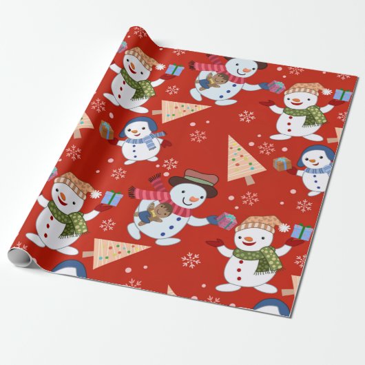 Schattigee Sneeuwman Kerstboom Gift Pattern Cadeaupapier (Uitgerold)