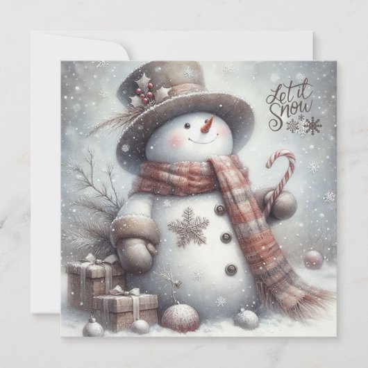 Schattigee sneeuwman laat het sneeuwen vrolijk ker feestdagenkaart (Voorkant)