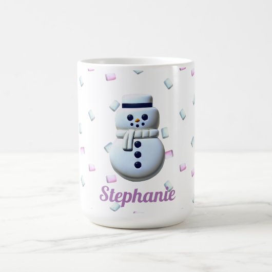 Schattigee sneeuwman marshmallow gepersonaliseerd koffiemok (Center)