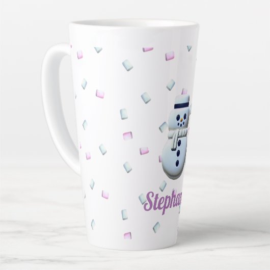Schattigee sneeuwman marshmallow gepersonaliseerde latte mok (Linkerhoek)