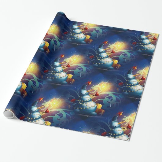 Schattigee sneeuwman met geschenken en vuurwerk cadeaupapier (Uitgerold)