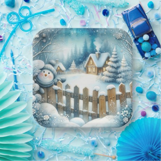 Schattigee sneeuwman met kerststal papieren bordje (Feest)
