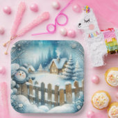 Schattigee sneeuwman met kerststal papieren bordje (Feest)