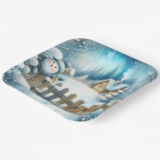 Schattigee sneeuwman met kerststal papieren bordje (Gebogen)