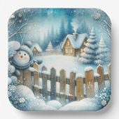 Schattigee sneeuwman met kerststal papieren bordje (Voorkant)