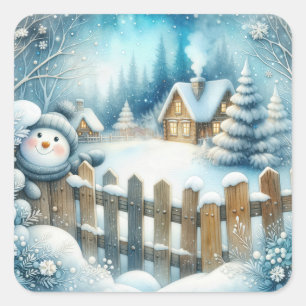 Schattigee sneeuwman met kerststal vierkante sticker
