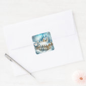 Schattigee sneeuwman met kerststal vierkante sticker (Envelop)