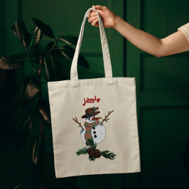 Schattigee sneeuwman met naam 1 kant tote bag