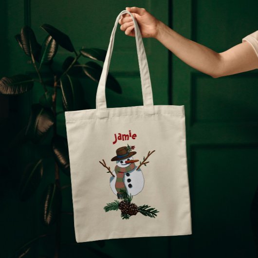 Schattigee sneeuwman met naam 1 kant tote bag