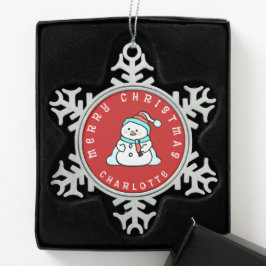 Schattigee sneeuwman met naam | Red Tin Sneeuwvlok Ornament