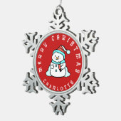 Schattigee sneeuwman met naam | Red Tin Sneeuwvlok Ornament (Rechts)