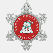 Schattigee sneeuwman met naam | Red Tin Sneeuwvlok Ornament (Voorkant)