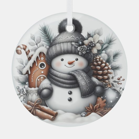 Schattigee sneeuwman met peperkoek huis glas ornament (Voorkant)