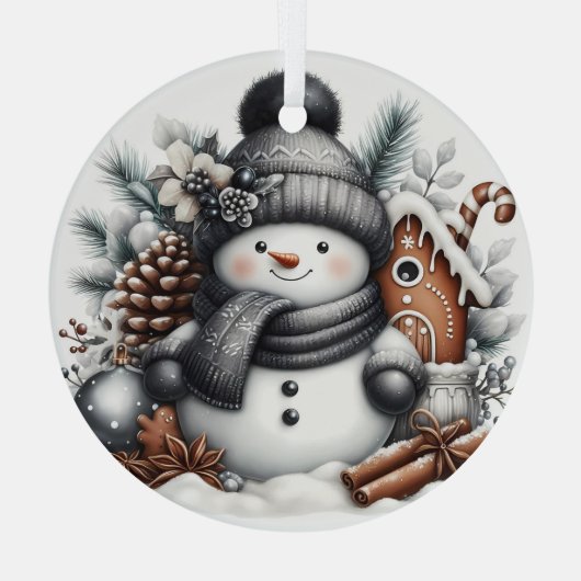 Schattigee sneeuwman met peperkoek huis glas ornament (Achterkant)