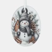 Schattigee sneeuwman met peperkoek huis glas ornament (Voorkant links)