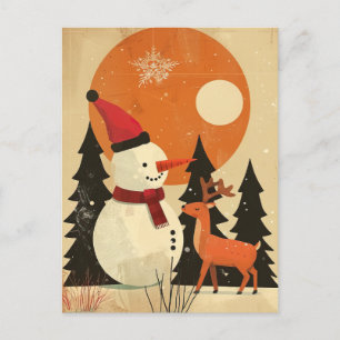 Schattigee sneeuwman met rendierretro Mid Century  Briefkaart