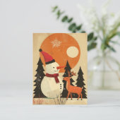 Schattigee sneeuwman met rendierretro Mid Century Briefkaart (Staand voorkant)