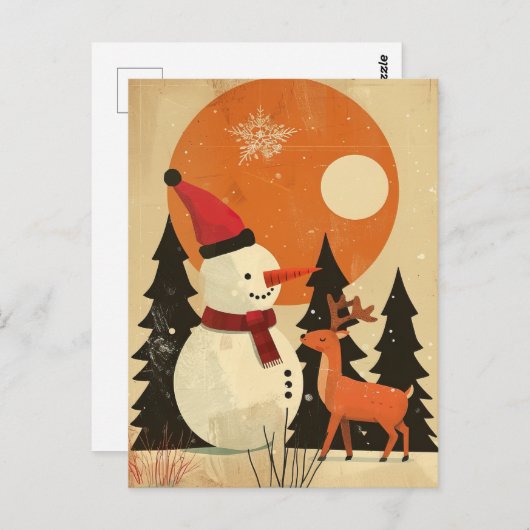 Schattigee sneeuwman met rendierretro Mid Century  Briefkaart (Voorkant / Achterkant)