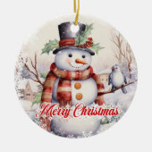 Schattigee sneeuwman met vogeltje in de sneeuw keramisch ornament (Voorkant)