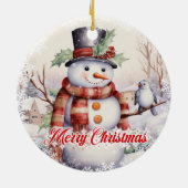 Schattigee sneeuwman met vogeltje in de sneeuw keramisch ornament (Achterkant)