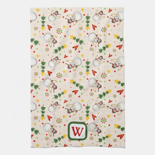 Schattigee Sneeuwman Monogram Initiaal Kerst Theedoek (Verticaal)