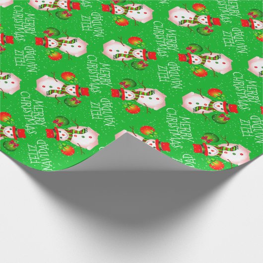 Schattigee sneeuwman op feestelijk groen of uw kle cadeaupapier (Hoek)