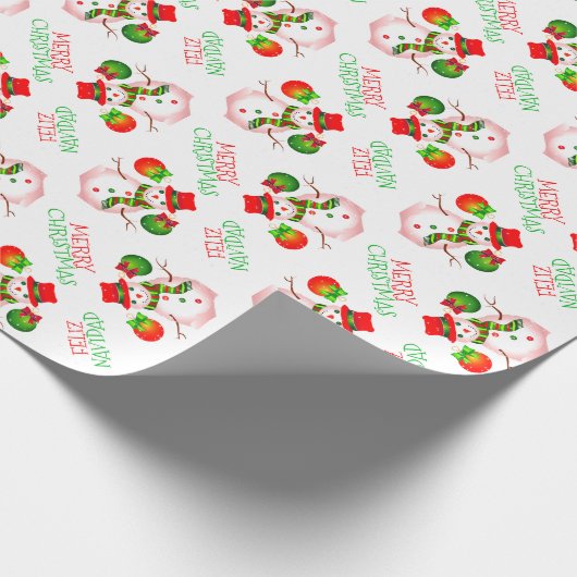 Schattigee sneeuwman op feestelijk wit of uw kleur cadeaupapier (Hoek)