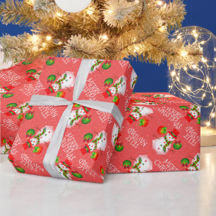 Schattigee sneeuwman op feestelijke rood of uw kle cadeaupapier