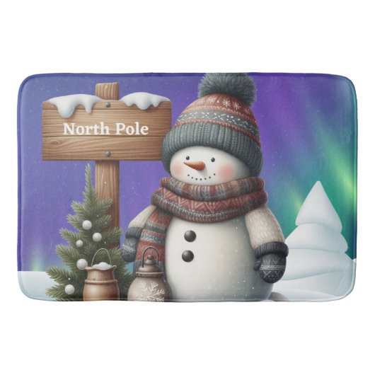 Schattigee sneeuwman op Noordpool met noorderlicht Badmat (Voorkant)