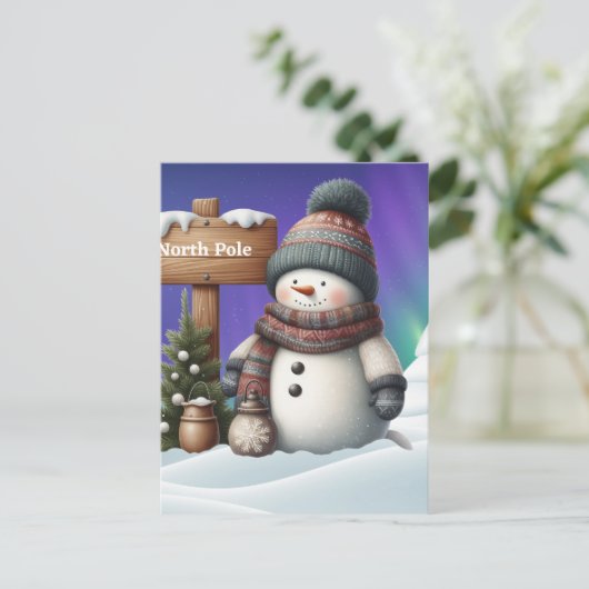 Schattigee sneeuwman op Noordpool met noorderlicht Briefkaart (Staand voorkant)