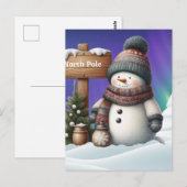 Schattigee sneeuwman op Noordpool met noorderlicht Briefkaart (Voorkant / Achterkant)