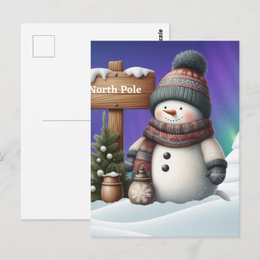 Schattigee sneeuwman op Noordpool met noorderlicht Briefkaart (Voorkant / Achterkant)