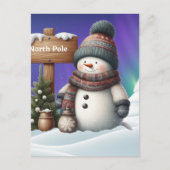 Schattigee sneeuwman op Noordpool met noorderlicht Feestdagenkaart (Voorkant)