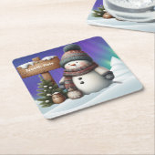 Schattigee sneeuwman op Noordpool met noorderlicht Kartonnen Onderzetters (Schuin)