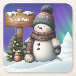 Schattigee sneeuwman op Noordpool met noorderlicht Kartonnen Onderzetters