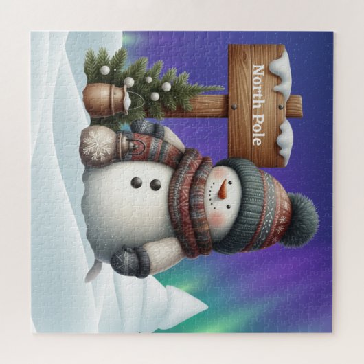 Schattigee sneeuwman op Noordpool met noorderlicht Legpuzzel (Horizontaal)