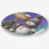 Schattigee sneeuwman op Noordpool met noorderlicht Papieren Bordje (Gekanteld)