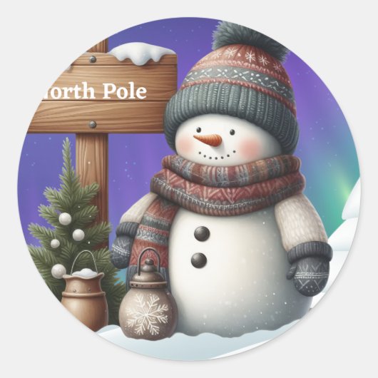 Schattigee sneeuwman op Noordpool met noorderlicht Ronde Sticker (Voorkant)