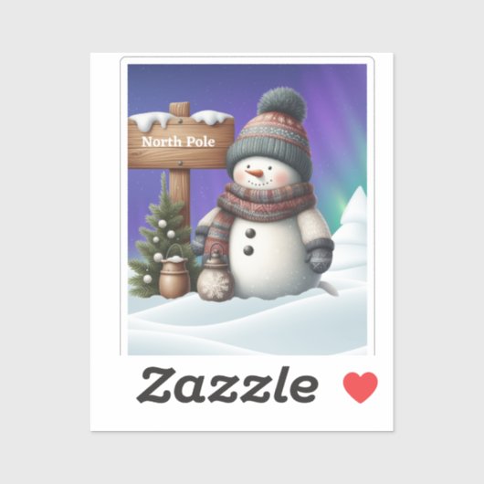 Schattigee sneeuwman op Noordpool met noorderlicht Sticker (Vel)