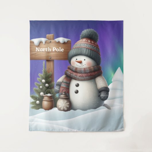 Schattigee sneeuwman op Noordpool met noorderlicht Wandkleed (Voorkant)